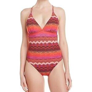 La Blanca Striped Abstract Print One Piece Swimsuit Bath Suit Size 14